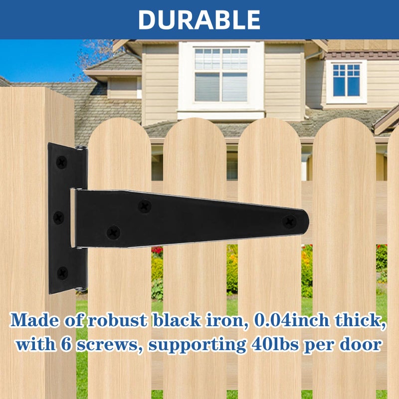 TamBee T-Strap Hinges Light Duty Barn Door Hinges Shed Door Hinges Rustic Hinges Gate Strap Hinge Door Barn Gates Hinges Black Wrought Hardware Iron Rustproof 6PCS (4inch) - Image 3